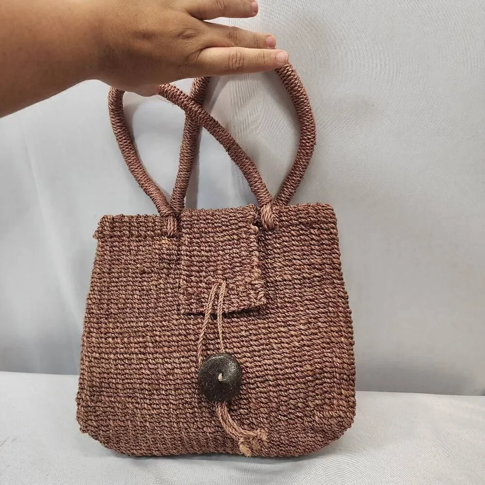 Handmade Woven Straw Tote Bag Brown Boho Beach Purse with Coconut Button Closure